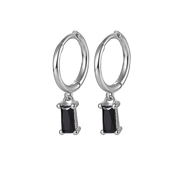Platinum Rhodium Plated 925 Sterling Silver Dangle Hoop Earrings for Women, Rectangle, Black, 19.8mm