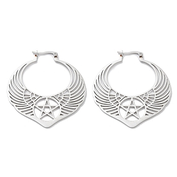 304 Stainless Steel Wing with Star Hoop Earrings for Women, Stainless Steel Color, 52.5x48x1~2mm