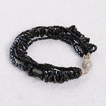 Black Agate  Multi-strand Bracelets, with Glass Beads and Magnetic Clasps, 210~220mm