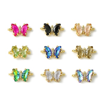 Faceted Glass Butterfly Connector Charms, Brass Micro Pave Clear Cubic Zirconia Links, Light Gold, Mixed Color, 8x15.5x3.5mm, Hole: 1.2mm