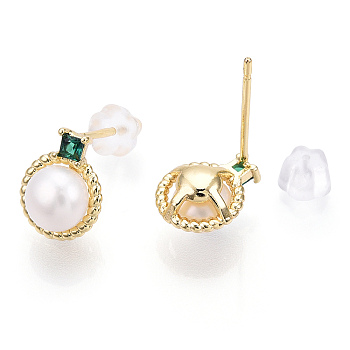Natural Pearl Stud Earrings with Cubic Zirconia, Brass Round Earrings with 925 Sterling Silver Pins, Cadmium Free & Nickel Free & Lead Free, Real 18K Gold Plated, 10x8mm, Pin: 0.8mm