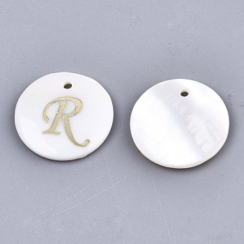 Natural Freshwater Shell Pendants, with Golden Plated Brass Etched Metal Embellishments, Flat Round with Letter, Letter.R, 15x2mm, Hole: 1.2mm