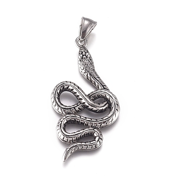 Fashionable Retro Halloween Jewelry 304 Stainless Steel Snake Pendants, Antique Silver, 51x26x4mm, Hole: 4x8mm