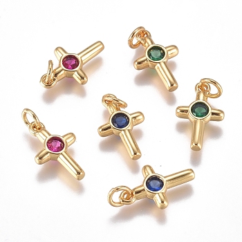 Brass Micro Pave Cubic Zirconia Tiny Cross Charms, with Jump Ring, Long-Lasting Plated, Golden, Mixed Color, 12.5x8x2mm, Hole: 3mm