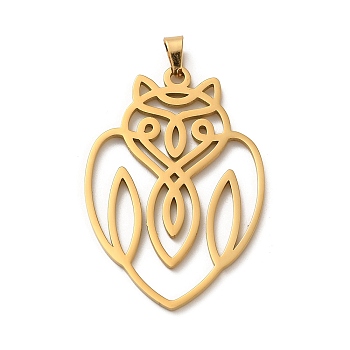 304 Stainless Steel Pendants, Laser Cut, Hollow Owl Charm, Real 18K Gold Plated, 41.5x28x1.5mm, Hole: 6x3mm