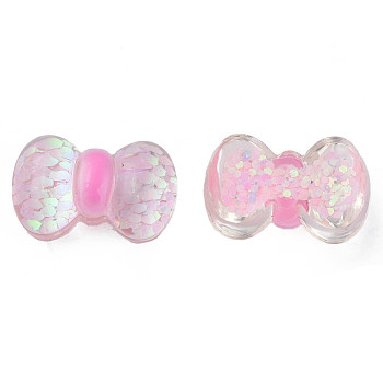 Transparent Epoxy Resin Cabochons, with Paillettes, Bowknot, Pink, 14.5x22x9mm