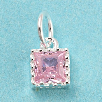 925 Sterling Silver Charms, with Cubic Zirconia, Faceted Square, Silver, Pink, 7x5x3mm, Hole: 3mm