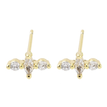 Brass Micro Pave Clear Cubic Zirconia Studs Earring, Real 18K Gold Plated, 5x9mm