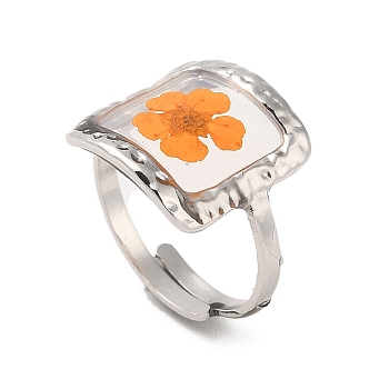 Dark Orange Square Epoxy Resin with Dry Flower Adjustable Rings, 316 Surgical Stainless Steel Ring, Stainless Steel Color, Inner Diameter: 17mm