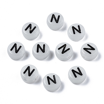 Acrylic Beads, with Enamel and Luminous, Horizontal Hole, Flat Round with Black Letter, Glow in the Dark, Light Grey, Letter.N, 7x3.5mm, Hole: 1.5mm, about 3600~3700pcs/500g