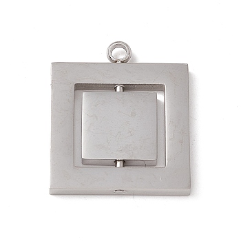 304 Stainless Steel Turnable Pendants, Square Charm, Stainless Steel Color, 25.5x21.5x2mm, Hole: 2.5mm