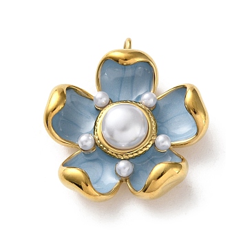 304 Stainless Steel Enamel Pendants, with Plastic Imitation Pearl Beads, Flower Charm, Golden, Aqua, 32x29x10mm, Hole: 2.5mm