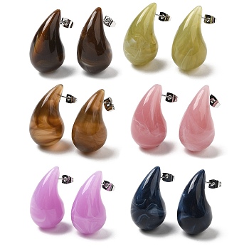 Resin Teardrop Stud Earrings with Brass Pins for Women, Mixed Color, 30~30.5x16.5~17mm