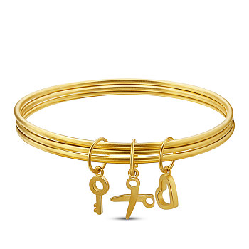 SHEGRACE Brass Charm Bangles, Heart & Key & Scissors, Real 24K Gold Plated, 2-3/8 inch(6cm)