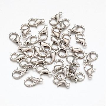 Platinum Plated Alloy Lobster Claw Clasps, Parrot Trigger Clasps for DIY Metal Jewelry, Cadmium Free & Nickel Free & Lead Free, Size: about 12mm long, hole: 1.2mm(X-E102-NF)