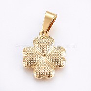 304 Stainless Steel Pendants, Four Leaf Clover, Golden, 18x15x2.5mm, Hole: 7x4mm(STAS-H458-33G)
