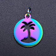 Ion Plating(IP) 201 Stainless Steel Pendants, with Jump Rings, Flat Round with Coconut Tree, Rainbow Color, 16x13.5x1mm, Jump Ring: 5x0.8mm, Inner Diameter: 3mm,  Jump Ring: 5x0.8mm, Inner Diameter: 3mm(STAS-S105-JN157)