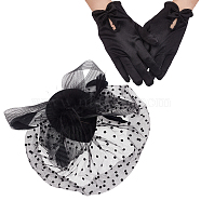 1 Pair Bowknot Pattern Gloves, for Wedding Bride Supplies, with 1Pc Fascinators Tea Party Hat Gauze & Felt Alligator Hair Clips, Black, 215~364x85~300x9~13.5mm(AJEW-GA0006-47A)