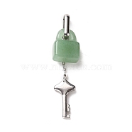 Natural Green Aventurine Lock Pendants, with Stainless Steel Color Tone 304 Stainless Steel Key & Chain, 49x12.5x7.5mm, Hole: 9.5x3.5mm, Lock: 15.5x12x6.5mm, Key: 18x10x2.5mm(G-B027-03A)