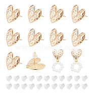 10Pcs Heart Brass Stud Earring Findings, with Sterling Silver Pin & Vertical Loops & 20Pcs Plastic Ear Nuts, Real 18K Gold Plated, 13x13.5x2~4mm, Hole: 1.2mm, Pin: 0.8mm(EJEW-BC0001-14)