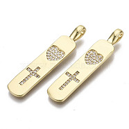 Brass Micro Pave Clear Cubic Zirconia Pendants, Nickel Free, Oval with Heart & Cross, Real 16K Gold Plated, 40x8x5mm, Hole: 5x2.5mm(ZIRC-N039-083-NF)