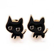Alloy Enamel Brooches, Enamel Pin, with Brass Butterfly Clutches, Cat Shape, Light Gold, Cadmium Free & Nickel Free & Lead Free, Black, 18x17x2mm, Pin: 1mm(JEWB-N006-073-NR)