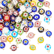 100Pcs Lampwork Pendants, with Handmade Millefiori Glass Charms and Brass Pins, Flat Round with Flower Pattern, Mixed Color, 12x8x3mm, Hole: 1.2mm(PALLOY-OC0003-01)