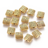 Tibetan Style Alloy Square Carved Stripes Beads, Cadmium Free & Lead Free, Antique Golden, 8x8x3mm, Hole: 1mm, about 1170pcs/1000g(TIBEB-5602-AG-LF)