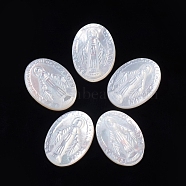 Natural White Shell Cabochons, Religion, Oval with Miraculous Medal, 13.5x10x2.5mm(SSHEL-D083-16B)
