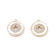 Rack Plating Brass Shell Pendants, with Cubic Zirconia, Long-Lasting Plated, Flat Round Charms, Real 18K Gold Plated, 14x12x2mm, Hole: 1mm(KK-A183-48G)