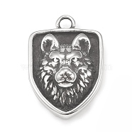 304 Stainless Steel Pendants, Shield with Bear Pattern, Antique Silver, 25.5x17x6mm, Hole: 2.5mm(STAS-G303-15AS)