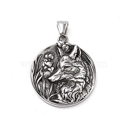 304 Stainless Steel Pendants, Flat Round with Wolf, Antique Silver, 41x36x5mm, Hole: 5x8.5mm(X-STAS-J039-15AS)