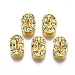 Golden Plated Alloy Slide Charms, with Crystal Rhinestone, Number, Num.0, 11~12x5~8x4~4.7mm, Hole: 1.5~1.7x8mm(PALLOY-WH0065-28J-G)