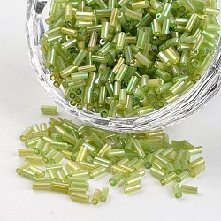 Tube Transparent Colours Rainbow Plated Glass Bugle Beads, Yellow Green, 3~5x1.8~2mm, Hole: 0.8mm, about 1200pcs/50g(X-SEED-I001-164)