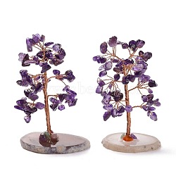 Natural Amethyst Chips & Agate Pedestal Display Decorations, with Brass Finding, Tree, Cadmium Free & Lead Free, 59~70x47~65x100~114mm(DJEW-A001-04J)
