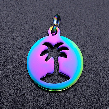 Ion Plating(IP) 201 Stainless Steel Pendants, with Jump Rings, Flat Round with Coconut Tree, Rainbow Color, 16x13.5x1mm, Jump Ring: 5x0.8mm, Inner Diameter: 3mm,  Jump Ring: 5x0.8mm, Inner Diameter: 3mm