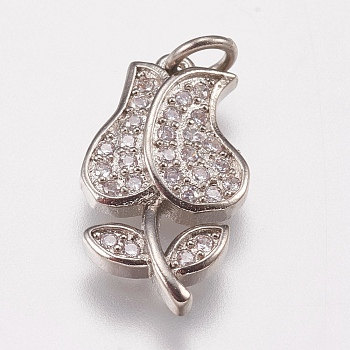 Brass Micro Pave Cubic Zirconia Charms, Rose, Platinum, 15x9x2.5mm, Hole: 2mm