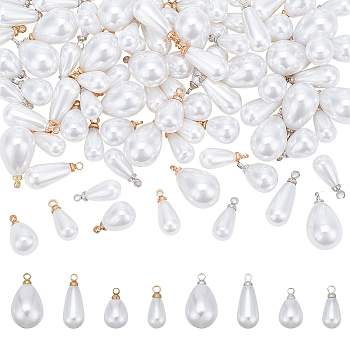 Elite 64Pcs 8 Style ABS Plastic Imitation Pearl Pendants, with Brass Finding, Teardrop Charm, Mixed Color, 12.5~17x5.5~9.5mm, Hole: 1.5~1.6mm, 8pcs/style