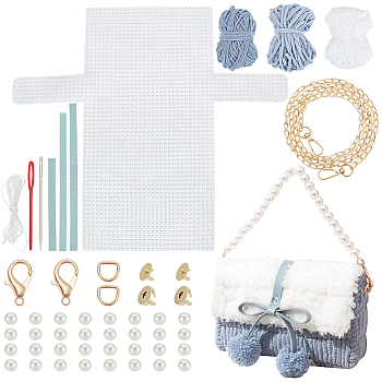 DIY Cherry Decoration Shoulder Bag Making Kits, including Thick Wool Yarns, Imitation Leather Fabric, Plastic Mesh Canvas Sheet, Iron Findings, Magnetic Clasp, Light Sky Blue, 22x13x5cm