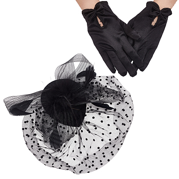 1 Pair Bowknot Pattern Gloves, for Wedding Bride Supplies, with 1Pc Fascinators Tea Party Hat Gauze & Felt Alligator Hair Clips, Black, 215~364x85~300x9~13.5mm