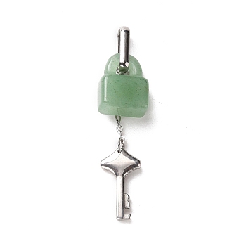 Natural Green Aventurine Lock Pendants, with Stainless Steel Color Tone 304 Stainless Steel Key & Chain, 49x12.5x7.5mm, Hole: 9.5x3.5mm, Lock: 15.5x12x6.5mm, Key: 18x10x2.5mm