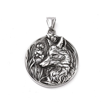 304 Stainless Steel Pendants, Flat Round with Wolf, Antique Silver, 41x36x5mm, Hole: 5x8.5mm