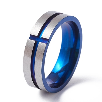 Stainless Steel Plain Band Rings, Cross Grooved Ring for Women, Blue & Stainless Steel Color, US Size 7 3/4(17.9mm)