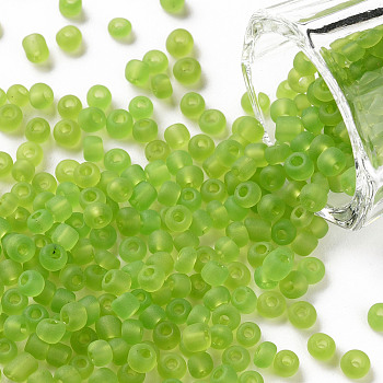 Glass Seed Beads, Frosted Colors, Round, Green Yellow, 4mm, Hole: 1~1.5mm, about 1000pcs/100g