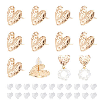 10Pcs Heart Brass Stud Earring Findings, with Sterling Silver Pin & Vertical Loops & 20Pcs Plastic Ear Nuts, Real 18K Gold Plated, 13x13.5x2~4mm, Hole: 1.2mm, Pin: 0.8mm
