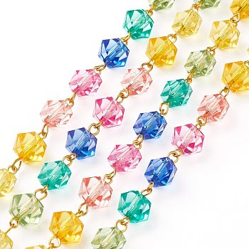 Handmade Transparent Acrylic Beaded Chains, with Iron Finding, Faceted, Colorful, Links: 15x10x10mm, 39.37 inch(1m)/strand