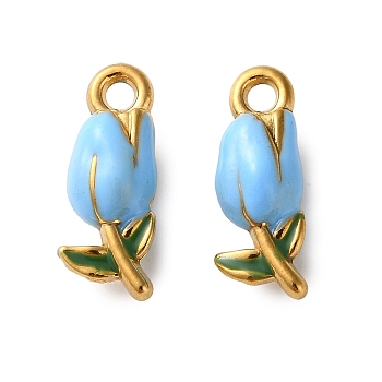 304 Stainless Steel Enamel Pendants, Ion Plating, Flower, Golden, Light Blue, 20x8x6.5mm, Hole: 2mm