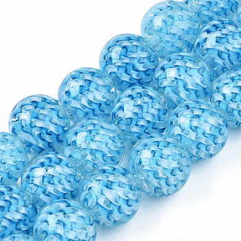 Transparent Handmade Lampwork Beads Strands, Inner Flower, Round, Deep Sky Blue, 11.5~12.5mm, Hole: 1.5mm, about 45pcs/strand, 19.88 inch(50.5cm)