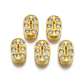 Golden Plated Alloy Slide Charms, with Crystal Rhinestone, Number, Num.0, 11~12x5~8x4~4.7mm, Hole: 1.5~1.7x8mm