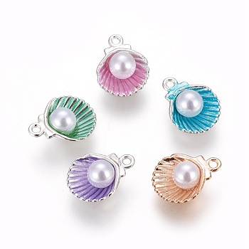 Alloy Enamel Pendants, with Acrylic Pearl Beads, Shell, Mixed Color, 15x11.5x7mm, Hole: 1.4mm